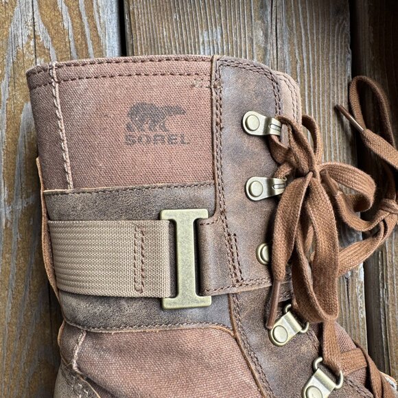 Sorel Major Carly Brown Leather & Canvas Lace Up Side Zip Combat Boots Womens 9 - Picture 6 of 15